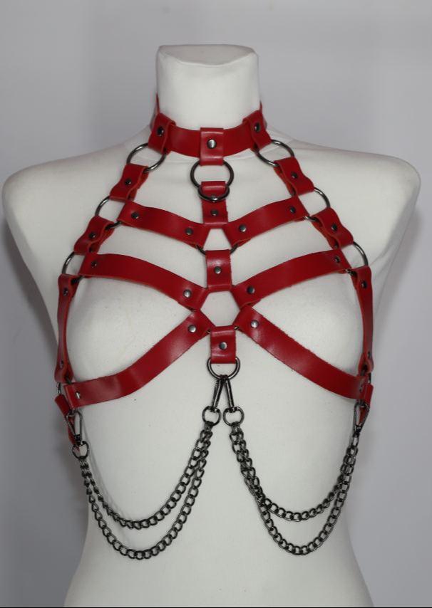 BDSM Leather Open Bra Harness with Chain