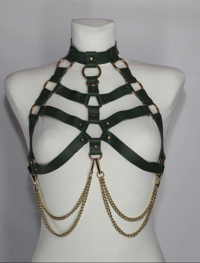 BDSM Leather Open Bra Harness with Chain