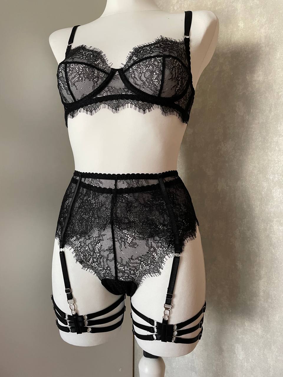 Elegant Black Lace Lingerie Set with Garter Belts